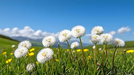 Close Up View of Dandelion Flowers in Green Field Under Blue Sky