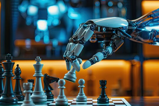 A glowing futuristic chessboard with a robotic arm making a strategic move.