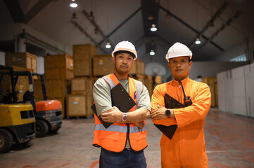 Two parcel inspectors stand with their arms folded in a large warehouse.