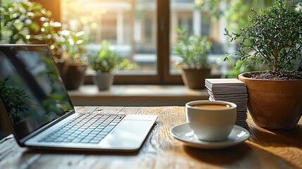 Laptop Coffee Cafe Morning Sunlight