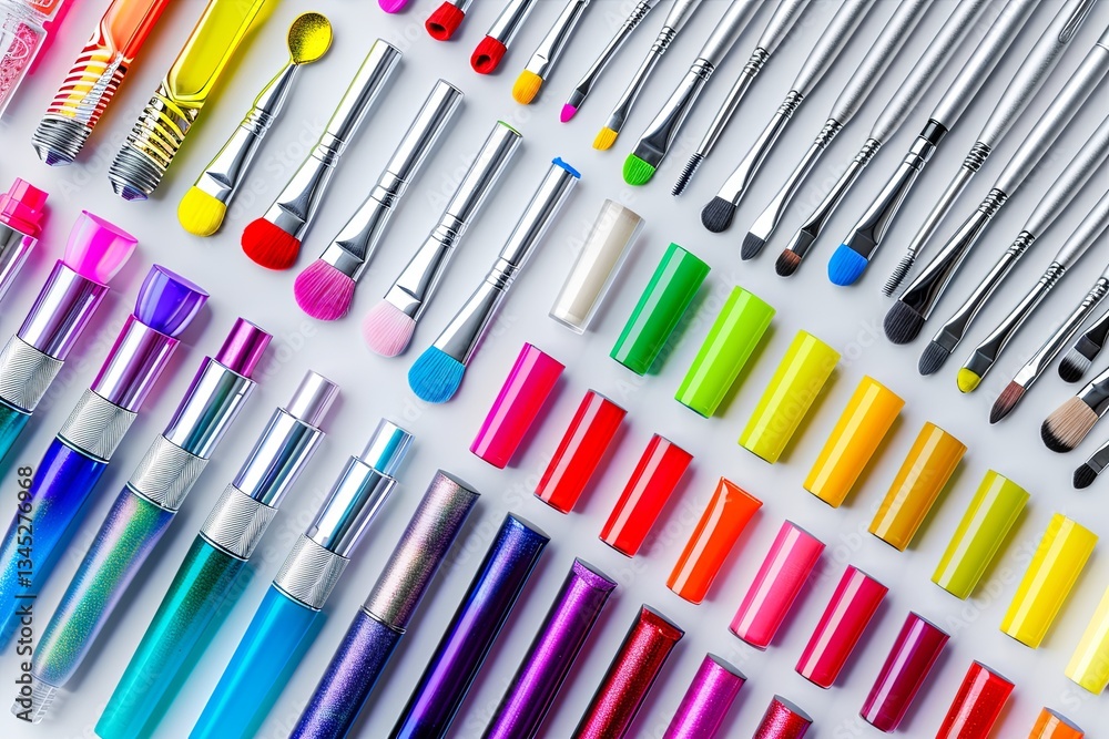 Poster Vibrant array of colorful nail polishes and manicure tools arranged neatly on a light background Generative AI