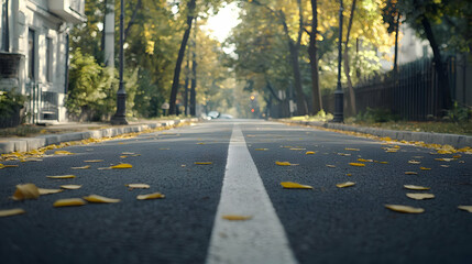 Fototapeta premium Low Angle View of Road With White Line And Yellow Leaves In Autumn With Trees