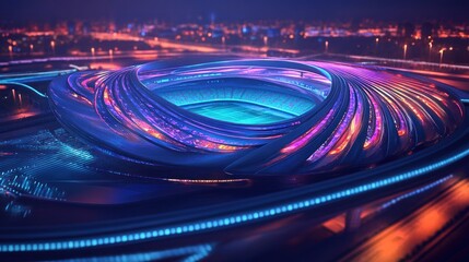 Futuristic illuminated stadium concept with swirling, flowing design elements