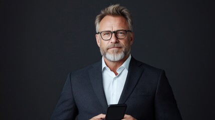 Confident mature businessman holding phone