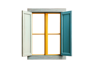 Colorful Vintage Wooden Window with Open Shutters on White Background