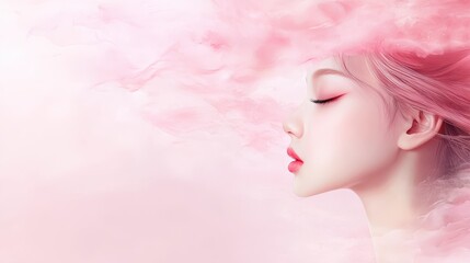 Naklejka premium Mystical pink smoke envelops woman with vivid pink hair in a captivating portrait