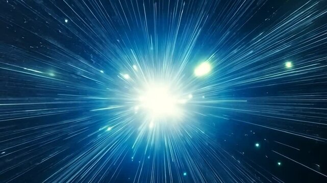 Bright blue light streaks converging at a central point, resembling a cosmic explosion or hyperspace jump.