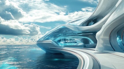Futuristic aquatic structure soaring above the glistening ocean vista