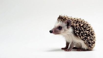 Obraz premium Single hedgehog standing on white, facing left, hedgehog, fur, wild