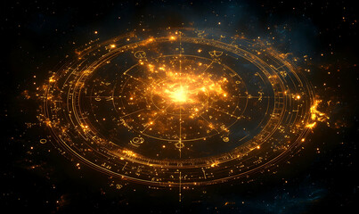 Golden cosmic wheel, swirling symbols