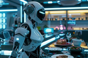Fototapeta premium AI-powered robotic chef serves gourmet breakfast in a high-tech, futuristic home