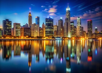 Obraz premium Chicago Night Skyline, Cityscape, Illuminated Buildings, River Reflection, Dramatic Night Photography