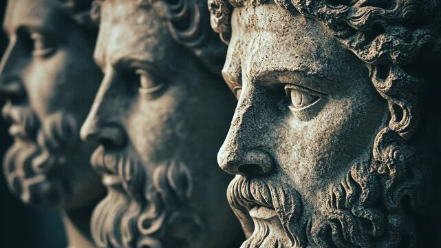 ancient stone statues of Greek gods, intricate details, powerful and majestic, capturing the essence of mythology and divine power
