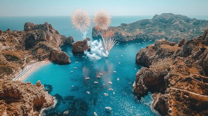 Fototapeta premium Coastal fireworks display over turquoise bay