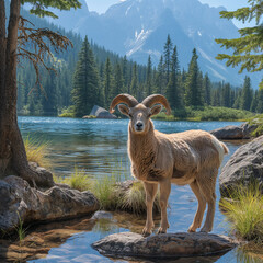 Obraz premium Lake Minnewanka – Take a boat cruise or hike along the lakeshore, and you might see bighorn sheep and bears