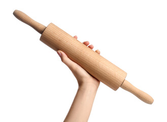 Woman with rolling pin on white background, closeup