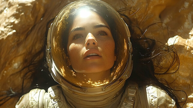 Astronaut woman lies on alien terrain, gazing upward; sunlight glints off her helmet