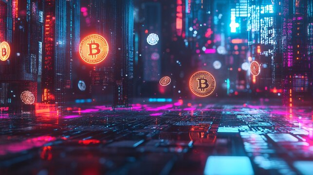Multiple Bitcoins falling through cyberspace, glowing in futuristic purple hues, illustrating the concept of digital wealt