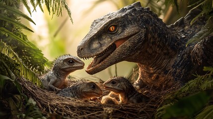 Obraz premium Mother Maiasaura feeding her hatchlings in a nest soft morning light