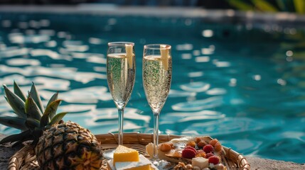 Woven rattan tray floating breakfast for two in the swimming pool Romantic champagne glasses