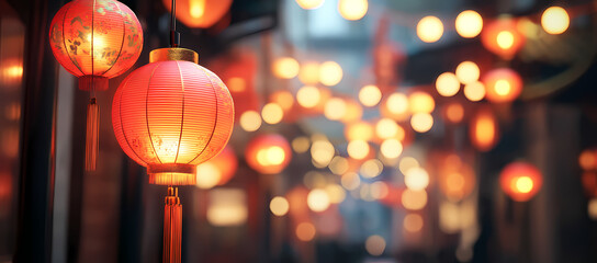 Festive Lanterns: A captivating close-up of vibrant red lanterns illuminates a traditional street, their warm glow casting a festive atmosphere, celebrating cultural heritage.