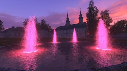 Pink fountain display in front of a church at twilight