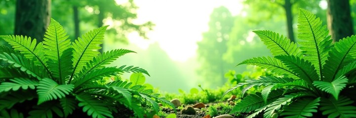 Large ferns in forest landscape on white background, greenery, plant