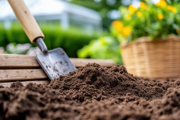 A close-up view of rich, dark garden soil with a shovel resting on top, set against a backdrop of vibrant flowers and greenery, showing preparation for planting new plants.