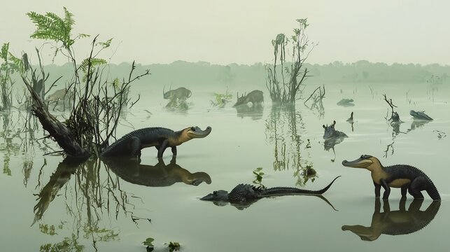 Murky Amazon floodplain with giant anteaters piranhas spectacled caimans hoatzins and tapirs eerie reflections in the still water