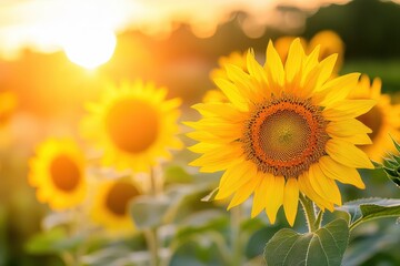 Obraz premium Glorious sunflowers basking in the golden sunset glow.