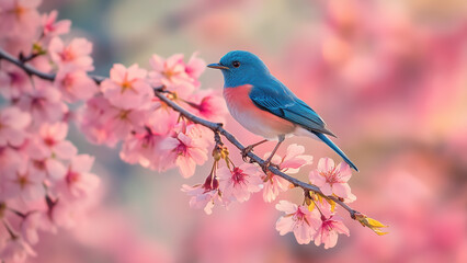 Fototapeta premium Bluebird on Cherry Blossom Branch in Spring