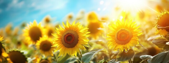 Fototapeta premium Vibrant sunflowers basking in golden sunlight.