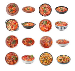 Different cooked stews isolated on white, set. Top and side view