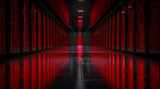 Futuristic Data Center with Red Digital Code