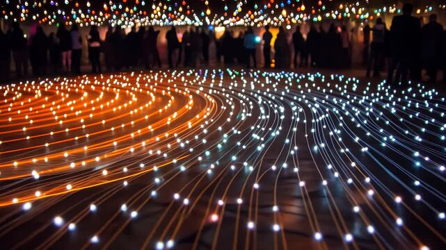 A mesmerizing pattern of moving lights sweeping across a crowd, synced perfectly with the beats of a DJ's set