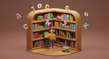 3D Illustration of a Kid Exploring a Magical Bookshelf with Floating Letters
