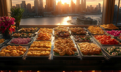 A lavish buffet display of diverse dishes at sunset, overlooking a vibrant city skyline