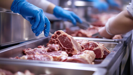 Skilled Workers Handling Meat with Precision and Safety