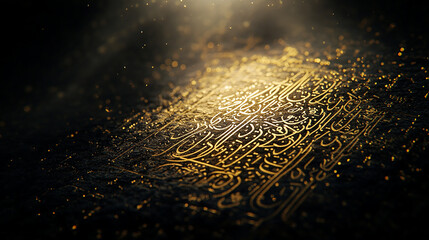 "Islamic Calligraphy on the Kaaba’s Black and Gold Embroidered Fabric