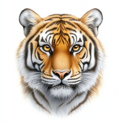 Fototapeta premium Majestic Close-Up of a Realistic Tiger Head with Striking Orange Fur and Intense Eyes Against a White Background