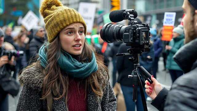 Reporter interviewing activist in environmental protest, microphone and cameras in focus, dynamic and engaging scene