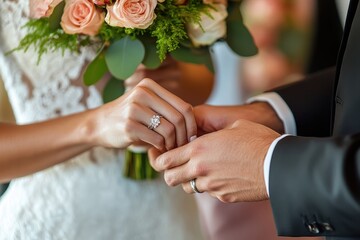 Bride and groom exchanging rings during a wedding ceremony.