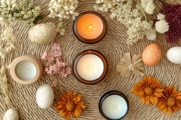 A serene arrangement of scented candles surrounded by decorative flowers and eggs on a woven mat