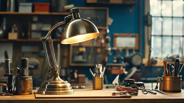 Adjustable task lamp in brushed nickel, clamped onto a workbench in a craftsman's workshop with scattered tools.
