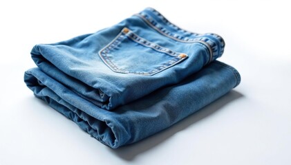 New, light wash jeans, neatly folded on white , apparel, new jeans
