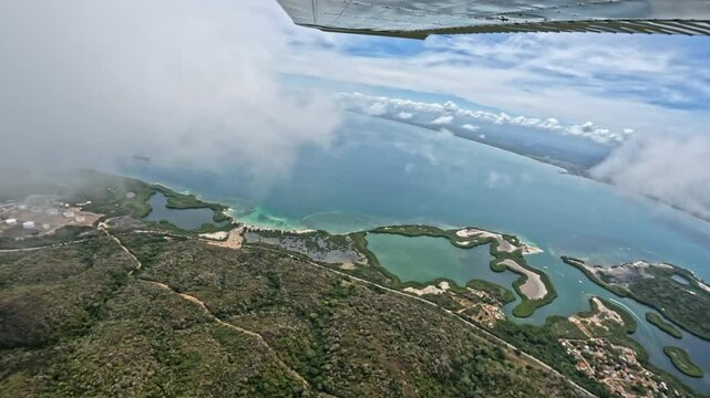 Landscape themes: Aerial view of Mangrove islands near Cabo Codera on a sunny day in Miranda State, Venezuela.