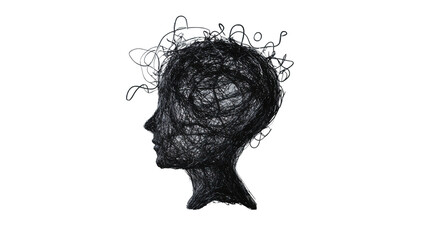 Tangled thoughts: abstract head representing complex thinking on transparent background