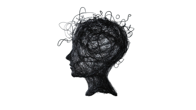 Tangled thoughts: abstract head representing complex thinking on transparent background