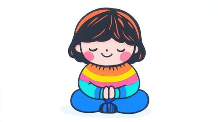 Obraz premium Cute cartoon girl meditating in colorful sweater with peaceful expression on a clean background