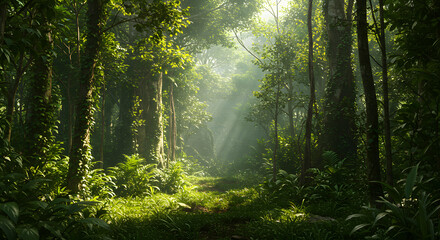 Obraz premium Walking Through Lush Green Forest with Sunbeams and Tropical Plants